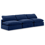 Meridian Furniture - Comfy Upholstered Modular Sofa, Navy, 3-Piece: 3 Armless Chair, Velvet - Give your space a whole new look with this navy Comfy velvet sofa. This handsome sofa fits nicely with other items in the Comfy collection and is a versatile seating option designed for adaptability, comfort and style. Wrapped in rich navy durable velvet upholstery, this sofa offers a plush embrace of overstuffed down feather cushions, carefully crafted to deliver the highest level of comfort. The perfect seat for creating an oasis for relaxation, this sofa has thick foam surrounding its frame for added support and coziness.