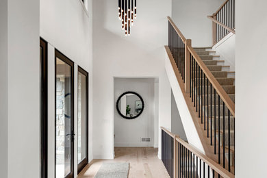 Example of a light wood floor and vaulted ceiling foyer design in Minneapolis with white walls and a glass front door