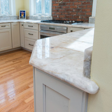 White Crystal Quartzite + Vintage Furniture + Exposed Brick