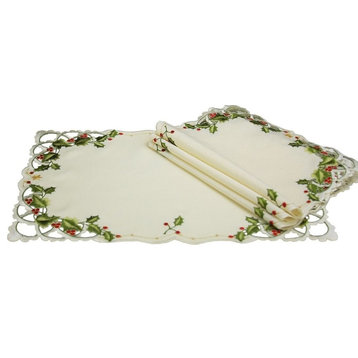 Winter Berry Embroidered Cutwork Christmas Placemats, 12"x18'', Set of 4