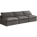 Meridian Furniture - Plush Velvet / Down Standard Comfort Modular Sofa, Gray, 3-Piece: 3 Armless Chair - No matter how big or little the size of your gang, they can all find their sweet spot when you choose pieces from the Plush collection to build your ideal seating group. Choose this individual Plush piece or pair multiple pieces together to get the custom look everyone will love. The soft grey velvet material is soft and welcoming to the touch, and the set's cushions are overstuffed with a down and feather blend to provide ample support for tired bodies.