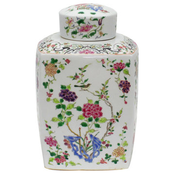 Chinoiserie Floral Cylinder Tea Jar Multi-Colored