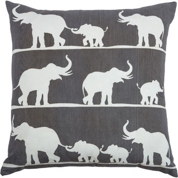Joyful Elephants Pillow - Charcoal, White, Polyester, 20"x20"