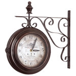 Yosemite Home Decor - 16" Double Sided Iron Wall Clock, Black Iron Frame - The design of this wall clock is very European one could easily imagine it on the outside of a store front on a cobblestone lined street. The clock comes with a scroll like wall mount hook to hang the clock from adding to the character and charm. The dial is a distressed beige color with traditional numbers on the dial. There is an emblem and writing on the dial adding to its European flare. Takes 2 AA batteries, not included.