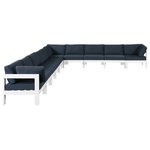 Meridian Furniture - Nizuc Water Resistant Patio L-Shaped Modular Sectional, Navy, 10-Piece: 7 Armless Chair, 3 Corner Chair, White Aluminum Frame - Pick and choose your favorites from the Nizuc collection to create a modular seating group the whole gang will enjoy. The sturdy aluminum frame provides dependable support for friends and family as they relax and unwind, and the resilient navy water resistant fabric stands up to the elements without losing its beautiful demeanor, so you can count on it lasting for the long haul. Latches beneath these seating pieces help you easily attach them to one another for convenient setup.