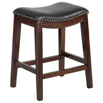 Pemberly Row 26" Transitional Wood/Leather Backless Counter Stool In Black