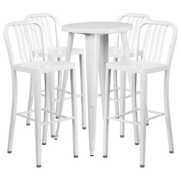 24'' Round White Metal Indoor-Outdoor Bar Table Set, 4 Vertical Slat Barstools