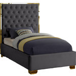 Meridian Furniture - Lana Velvet Bed, Gray, Twin - Make the Lana grey velvet bed part of your dream bedroom setup. This bed has all of the bells and whistles you want, including a super tall headboard that stands nearly five-feet tall. The bed is covered in grey velvet fabric for a luxe look, and it's deeply tufted for added luxuriousness. The headboard is soft and welcoming against your back and head as you read or watch TV in bed, and the bed rests on gold legs for dependable sturdiness and durability. Use it without a box spring or foundation, since the slats are included.