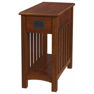 Classic Mission End Table, Slatted Sides Rubberwood Frame With Drawer, Olive Ash