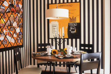 Design ideas for a contemporary dining room in Chicago with multi-coloured walls.