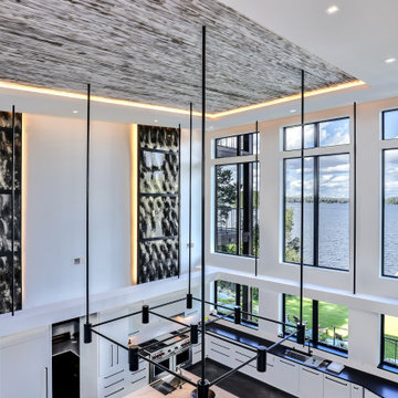 Modern Lake House - Kitchen / Gathering Room & Tall Wall Lake View from Balcony 