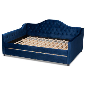 Contemporary Daybed With Pull Out Trundle, Royal Blue Velvet Upholstery, Full