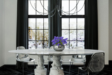Example of a mid-sized minimalist dark wood floor and black floor great room design in London with white walls