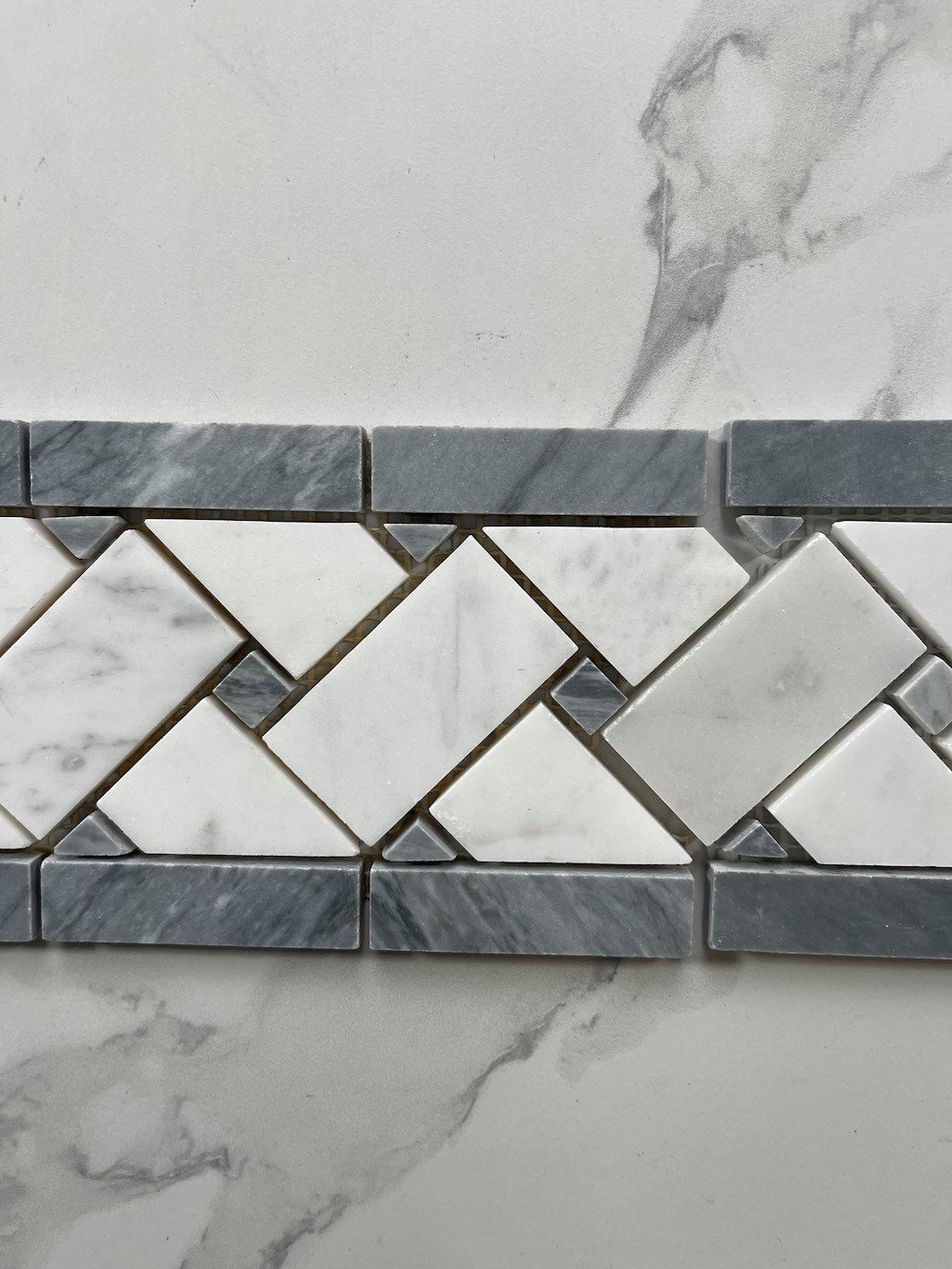 Carrara Venato Marble Basketweave Mosaic Border Dark Gray Dots Honed, 1 sheet