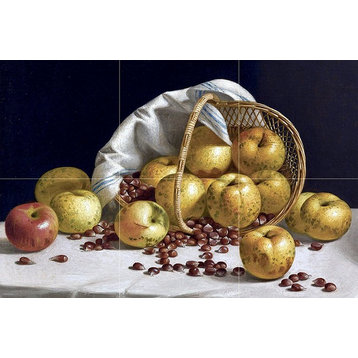 Tile Mural Still Life Yellow Apples and Chestnuts, Ceramic Glossy