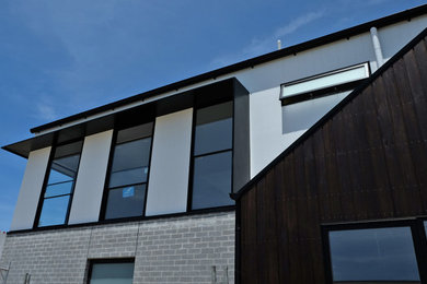 Imagen de fachada de casa blanca y negra nórdica pequeña de dos plantas con revestimiento de madera, tejado a dos aguas y tejado de metal