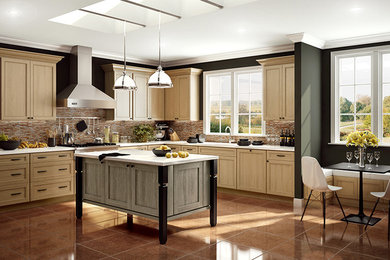 Inspiration for a large l-shaped kitchen in Seattle with recessed-panel cabinets, white cabinets and with island.