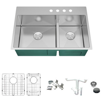 Transolid Diamond 33"x22" Double Bowl Dual-Mount Sink Kit in Stainless Steel