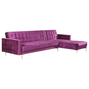 Right Facing Sectional Sleeper Sofa, Golden Legs With Tufted Velvet Seat, Purple
