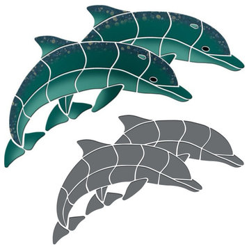 Double Dolphins Ceramic Swimming Pool Mosaic 25"x17" with shadow, Teal