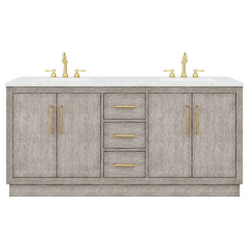 Hugo 72 Double Sink White Marble Countertop Vanity, Gray Oak With Hook Faucets