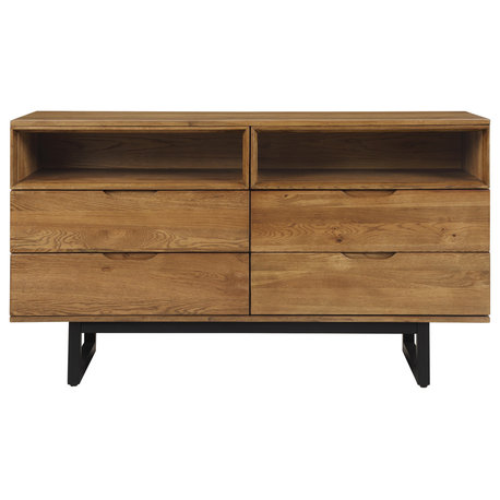 Aldo 4 Drawer Dresser in Brown Oak Wood with Black Metal Legs