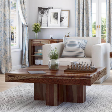 Dallas Midnight 46" Solid Wood Square Pedestal Rustic Coffee Table