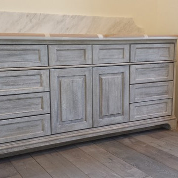 Weathered wood master bathroom vanity.