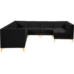 Meridian Furniture - Alina Velvet Modular U-Shaped Sectional, Black, 8-Piece: 5 Armless Chair, 3 Corner Chair - Bring modern beauty to your space with the addition of this Alina Velvet Modular sectional. This beautiful sectional features deep channel tufting to ramp up its visual interest and add to its resilient demeanor. Its soft black velvet upholstery blends nicely with existing elements in your room and is sleek to the touch, making this seat a super comfortable one. Part of the modular Alina collection, this sectional has a latch that attaches it to other pieces to create your custom seating arrangement.