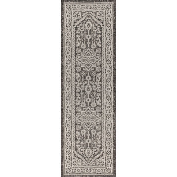 Sinjuri Medallion Textured Weave Indoor/Outdoor, Gray/Black, 2 X 10