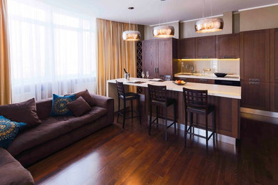 Mid-sized transitional formal and open concept dark wood floor living room photo in Other with beige walls, no fireplace and a wall-mounted tv