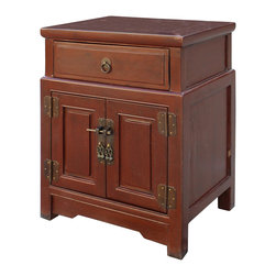 Oriental Distressed Brick Red Metal Hardware End Table Nightstand - Accent Chests And Cabinets