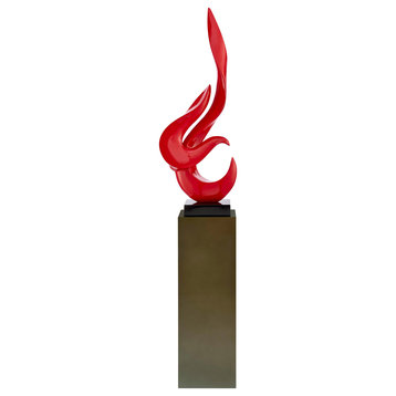 Flame Resin Handmade Floor Sculpture With Stand, Red Sculpture/Gray Stand