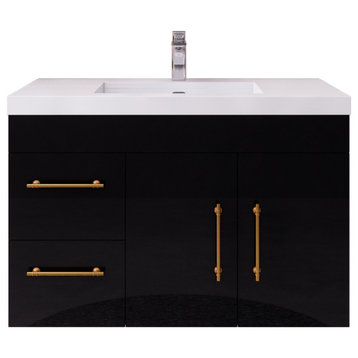 Rosa 36" Wall Mounted Vanity with Reinforced Acrylic Sink (Left Side Drawers), High Gloss Black