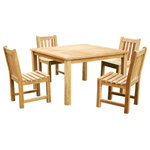 Warner Levitzson Teak Furniture - 5-piece dining set. 4' Square table and 4 Classic side chairs. - Made with solid plantation grown teak. Built with traditional mortise and tenon for lasting durability. Can be used for both commercial and residential. This 4' square table accommodates 4 people. Umbrella hole is not available. Chair is W16 x D21 x H36". Please see product specifications PDF for more information.