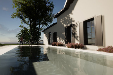 Ejemplo de piscina alargada mediterránea extra grande rectangular en patio delantero
