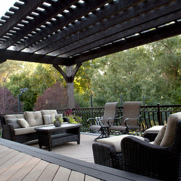 Timber Frame Tiered Pergolas, Deck, Ornamental Metal Railings
