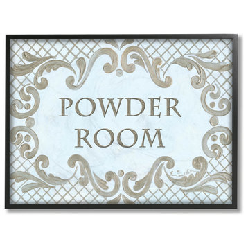 Stupell Industries Powder Room Aqua And Gold Lattice Bathroom, 24"x30", Black
