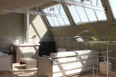 Idée de décoration pour une salle de séjour mansardée ou avec mezzanine minimaliste avec un téléviseur d'angle.
