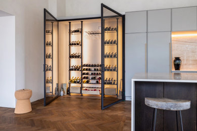 Medium sized modern wine cellar with display racks and feature lighting.