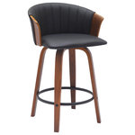 Armen Living - Diana Swivel Walnut Wood Counter Stool, Black Faux Leather, 26" - Elevate any corner with the chic style and linger-worthy comfort of our Diana Upholstered Swivel Bar or Counter Stool. The stylish bar stool utilizes bentwood construction to sculpt a stunning barrel back to envelope you in comfort. Its graceful curves are complemented by bentwood legs and a metal ring that acts as a footrest for added comfort and functionality. Finished off with a padded seat and stunning tufting detail on the back, our counter stool allows you to enjoy meals and conversations at a bar or high-dining table with style and comfort. It is available in both faux leather and fabric upholstery to provide an easy-care material for your home. This wood bar stool features a modern and versatile design ideal for your kitchen island, pub table, home bar, or adjustable desk. With durable and sturdy construction, our bar stool can be used anywhere from a kitchen to a home office. It is fitted with a wonderful 360-degree swivel function with a smooth gliding system, allowing you to change direction and follow conversations with ultimate ease. The Diana swivel bar or counter stool easily incorporates into any home and is available in your choice of 26-inch or 30-inch seat height in a walnut wood finish with gray, cream, and black faux leather upholstery, and black wood finish with gray faux leather and light gray fabric upholstery.