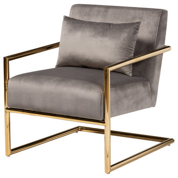 Everard Glam and Luxe Gray Velvet Fabric Gold Metal Lounge Chair