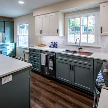 Custom Two-Toned Green and White Kitchen with Laventa Carrara Quartz Countertops