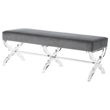 Posh Living Brayden Velvet Upholstered Bench with Acrylic X-Legs in Gray