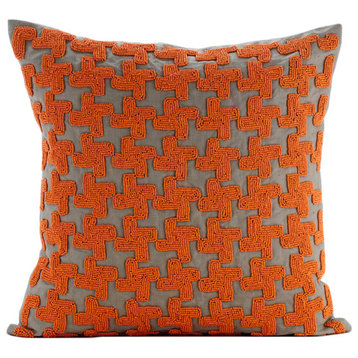 Orange Throw Pillows On Bed Art Silk 20"x20" Lattice Trellis, Orange Terracota