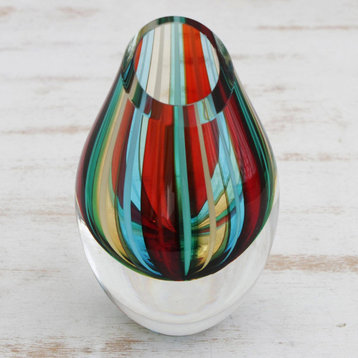 Novica Handmade Carnival Stripes Art Glass Vase (6 Inch)