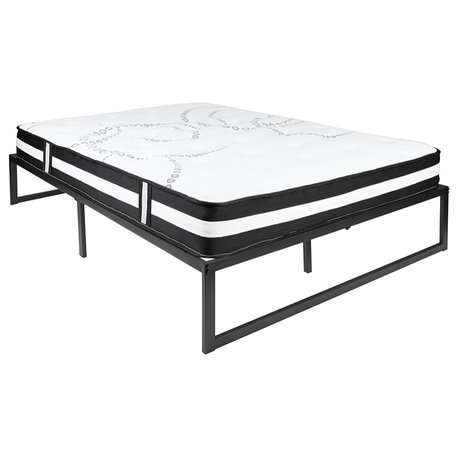 14 Inch Metal Platform Bed Frame w/12 Inch Pocket Spring Mattress in a Box, Quee