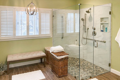 Mid-sized transitional master black and white tile and ceramic tile double-sink, brown floor and ceramic tile bathroom photo in DC Metro with shaker cabinets, white cabinets, white countertops, a hinged shower door and a two-piece toilet