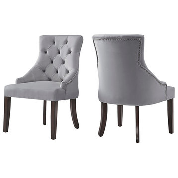 Rosalyn Velvet Button Tufted Sloped Wingback Dining Chair, Set of 2, Grey