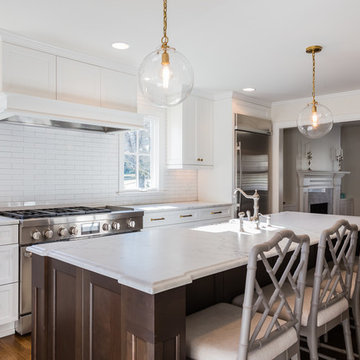 White, gold, and marble kitchen